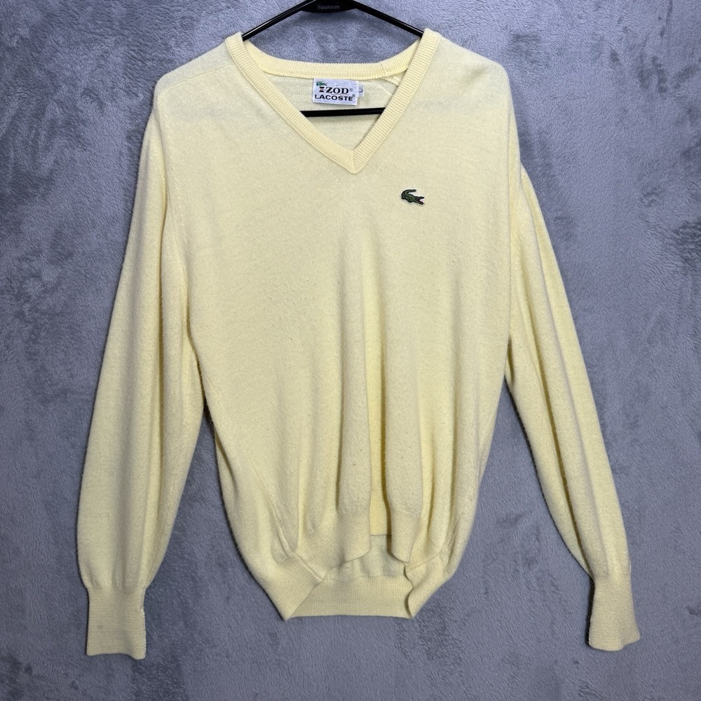 Vintage 80's Izod Lacoste Yellow V Neck Soft Orlon Knit‎ Grandpa Sweater Men's L
